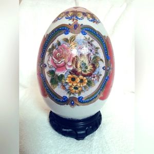 Beautiful Large Chinese 7" porcelain egg with black wooden scrolled stand
